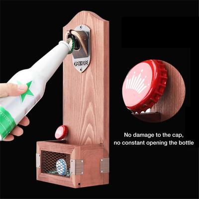 Hangings Bottle Opener Beer Wine Drink Opener Vintage Wall Mounted Wooden Bottle Opener with Cap Catcher Kitchen Bar Accessories