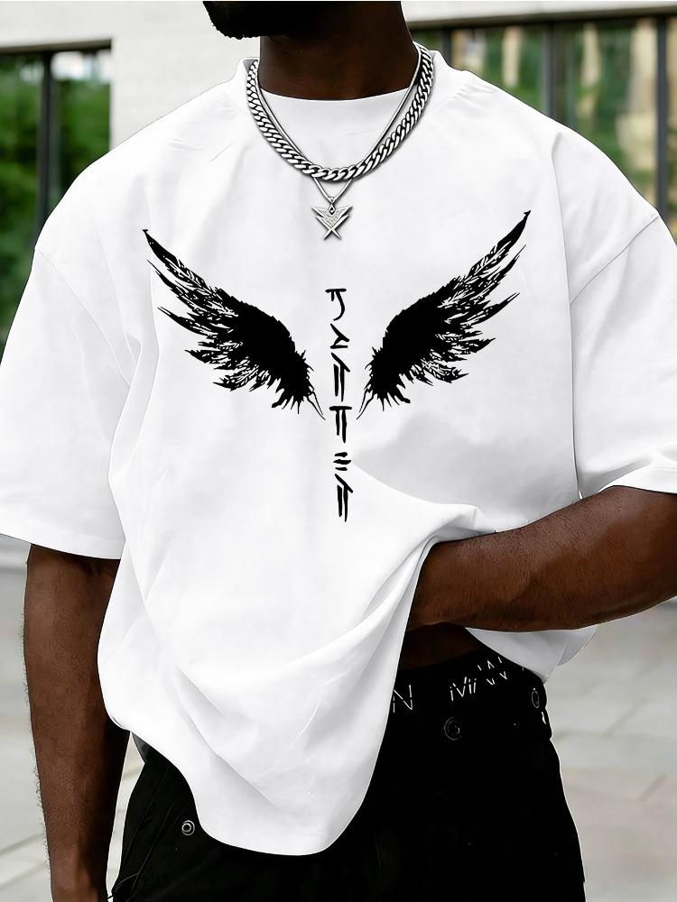 Unisexs Black Summer Tee White Angel Wings Rune Print Loose Oversized Short Sleeve Streetwear Daily Crew Neck Casual Fashion Top