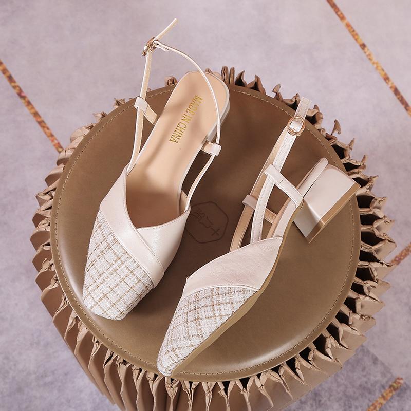 Buckle Strap Block Heels Med 2024 Summer Closed Toe Sandals Women Clear Shoes Suit Female Beige Chunky Medium Fashion Open Girls