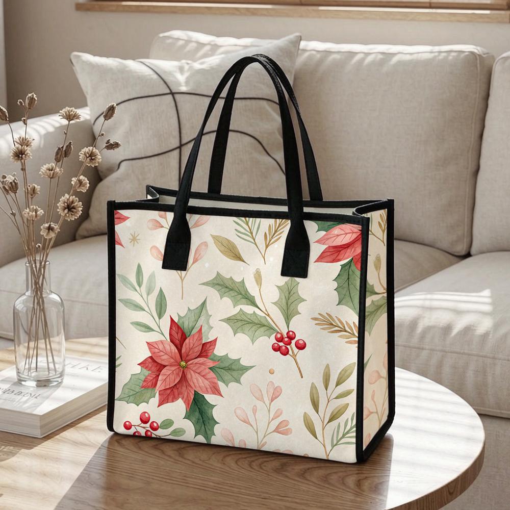 Christmas Poinsettia Print Casual Tote Bag for Daily Shopping Travel Use