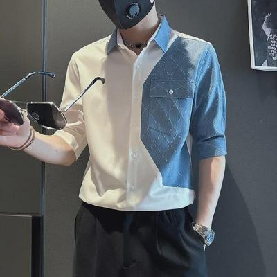 Chemise à manches courtes en jean épissé tendance pour homme, style 2023 – Haut d'été décontracté et élégant