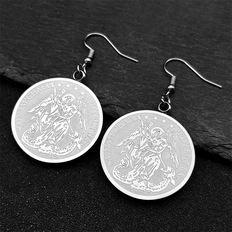 Archangel St.Michael Protect Us Medal Dangle Earrings for Women Stainless Steel Saint Michael Charm Pierced Earring Jewelry