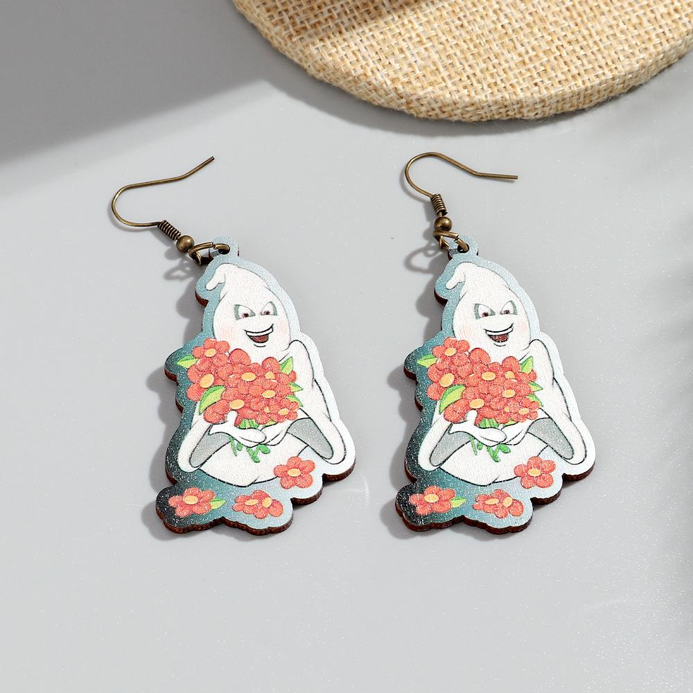 New Halloween Wooden Earrrings for Women Funny Creative Witch Ghost Pumpkin Flower Drop Earring Party Jewelry Hallowmas Gifts