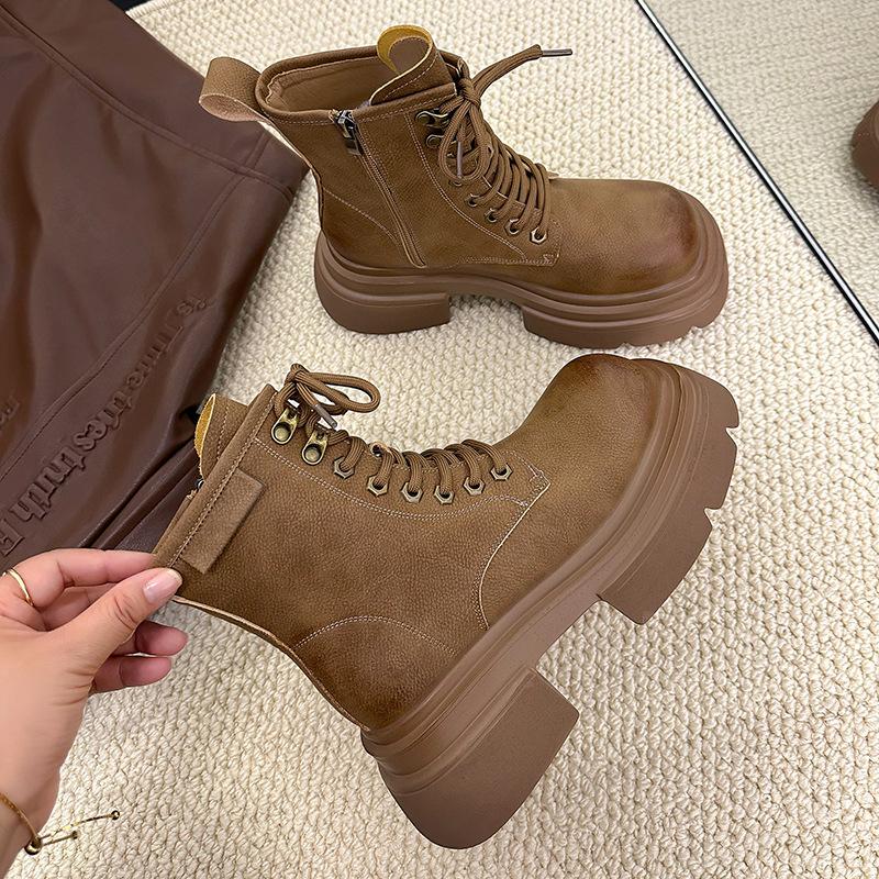 Leather platform Martin boots women's autumn and winter new retro British style versatile big yellow boots knight boots thick heel short boots
