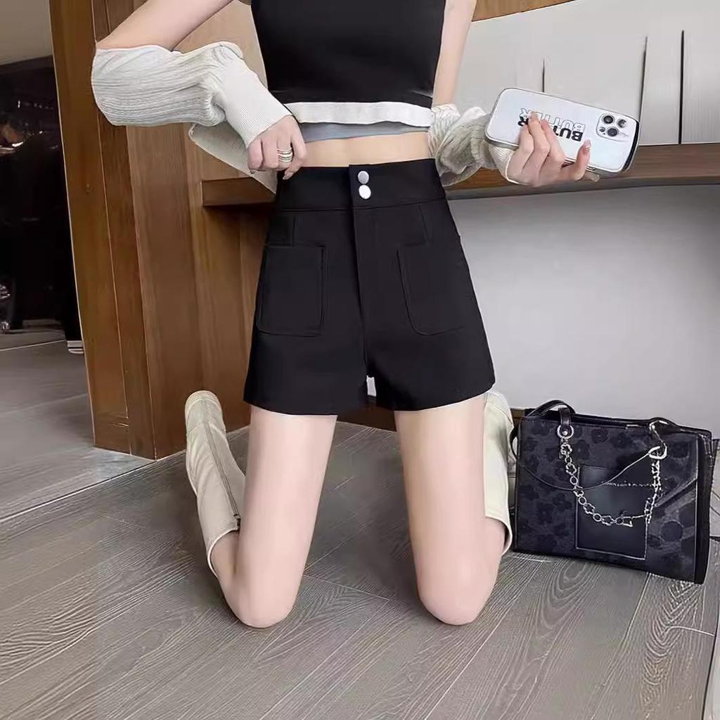 Plus Size High Waist Black Elastic Letter Wide-Leg Shorts - Korean Style Women's Summer Slimming Hot Pants.