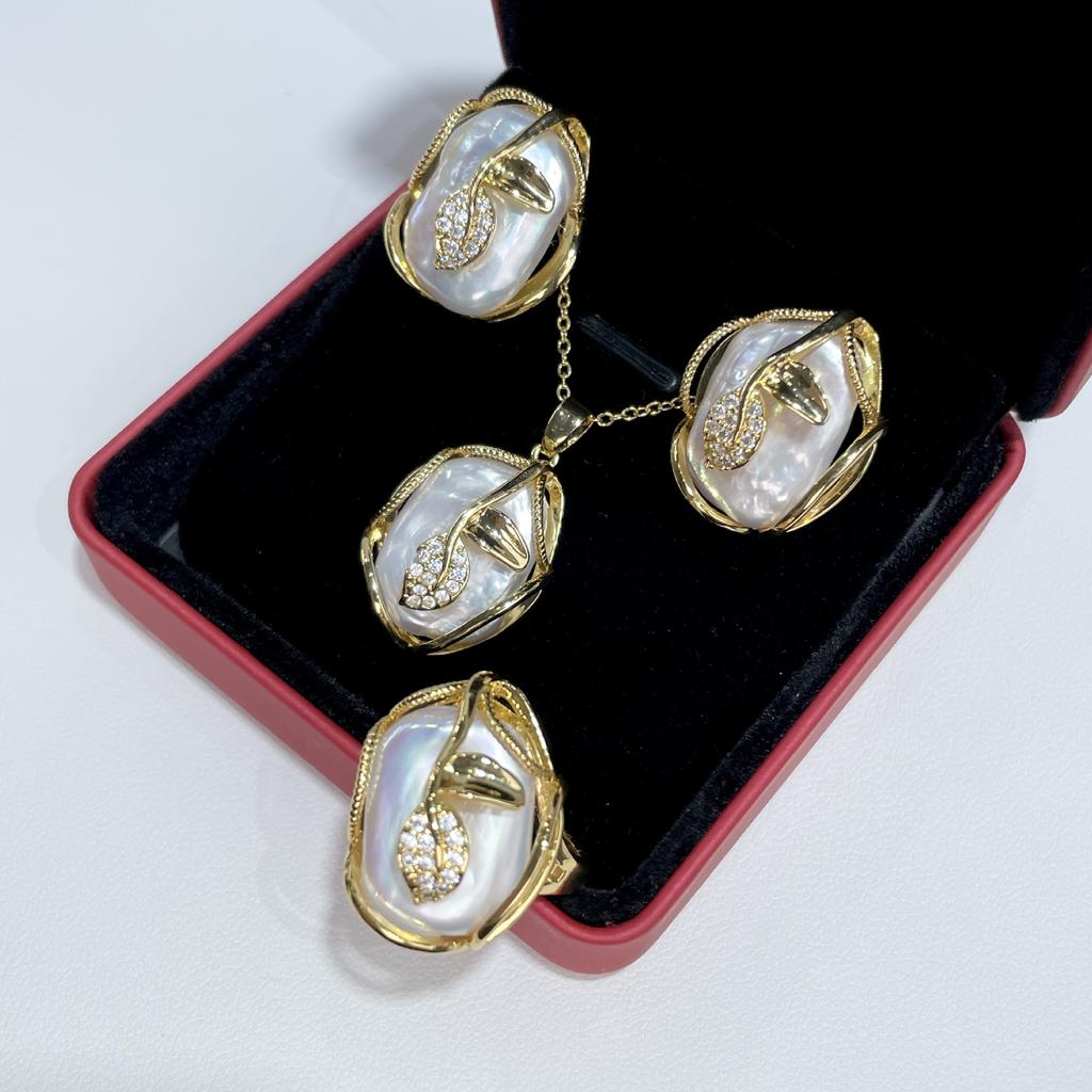 Fashion Leaf Baroque Pearl Necklace Earings Freshwater Pearl Jewelry Sets For Women Freshwater Pearl Necklace Pearl Earrings Rings