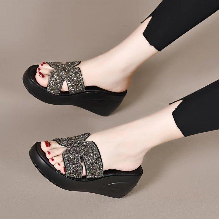 High-heeled soft leather thick bottom H half-mop summer outer wear muffin bottom one-word drag diamond mop slope and rhinestone sandals