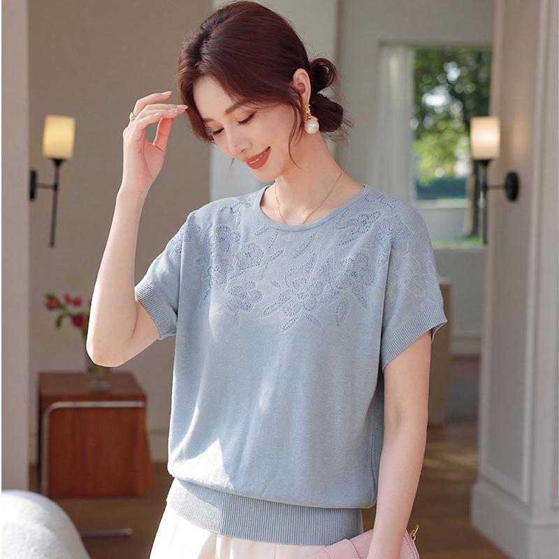 

Stylish Summer Knit Top for Moms: Elegant Short Sleeve for Mature Women 5XL (recommended 150-165 jin) сірий колір/синій