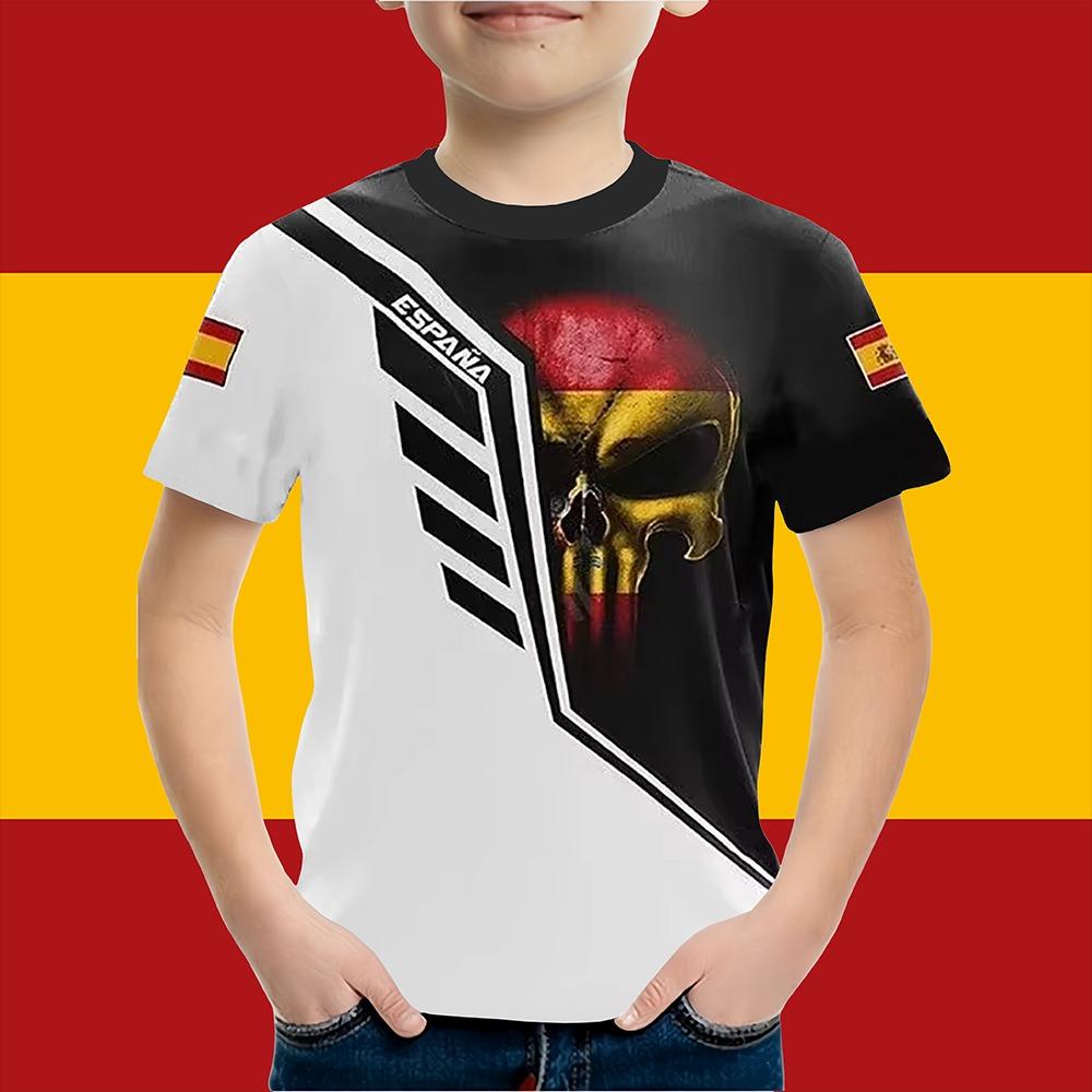 Boys Clothes Spanish Flag Graphic T-Shirt Vintage Casual Short Sleeved Kids Clothes 2-14Y Summer Outdoor Spanish Child Top Tee
