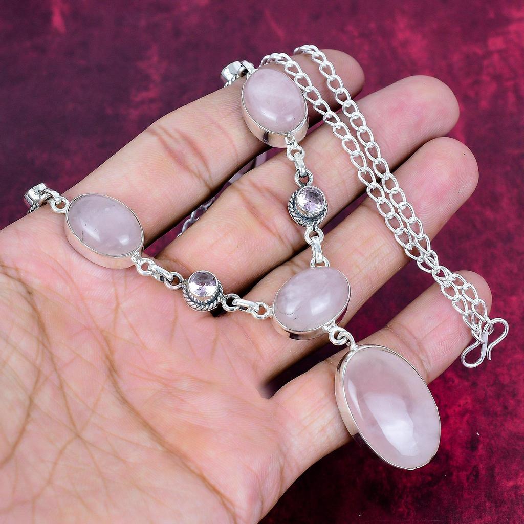 Rose Quartz & Kunzite Handmade Latest Design Jewelry Necklace, 925 Solid Sterling Silver Gemstone Necklace, Gift For Mother