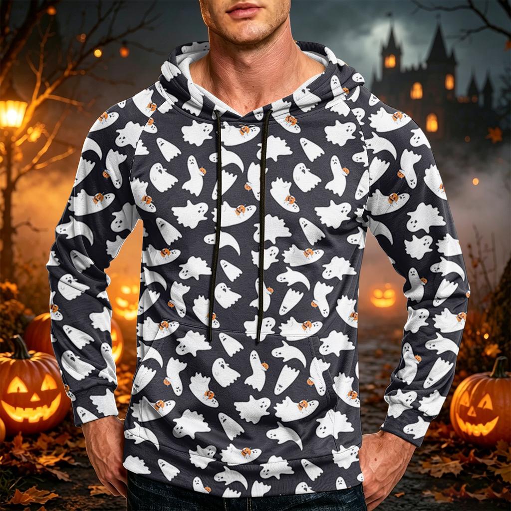 Men's Casual Loose Fit Printed Hoodie with Kangaroo Pocket and Drawstring for Everyday Wear