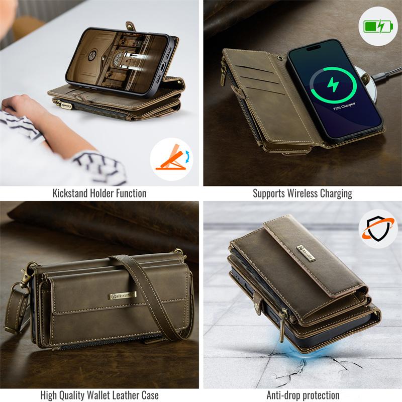 CaseMe Flip Leather Phone Case for iPhone 17 Pro Max Air 16 Plus 16E 15 14 13 Mini 12 11 X XS XR SE 2022 8 Long Lanyard Zipper Wallet Multi Card Cover