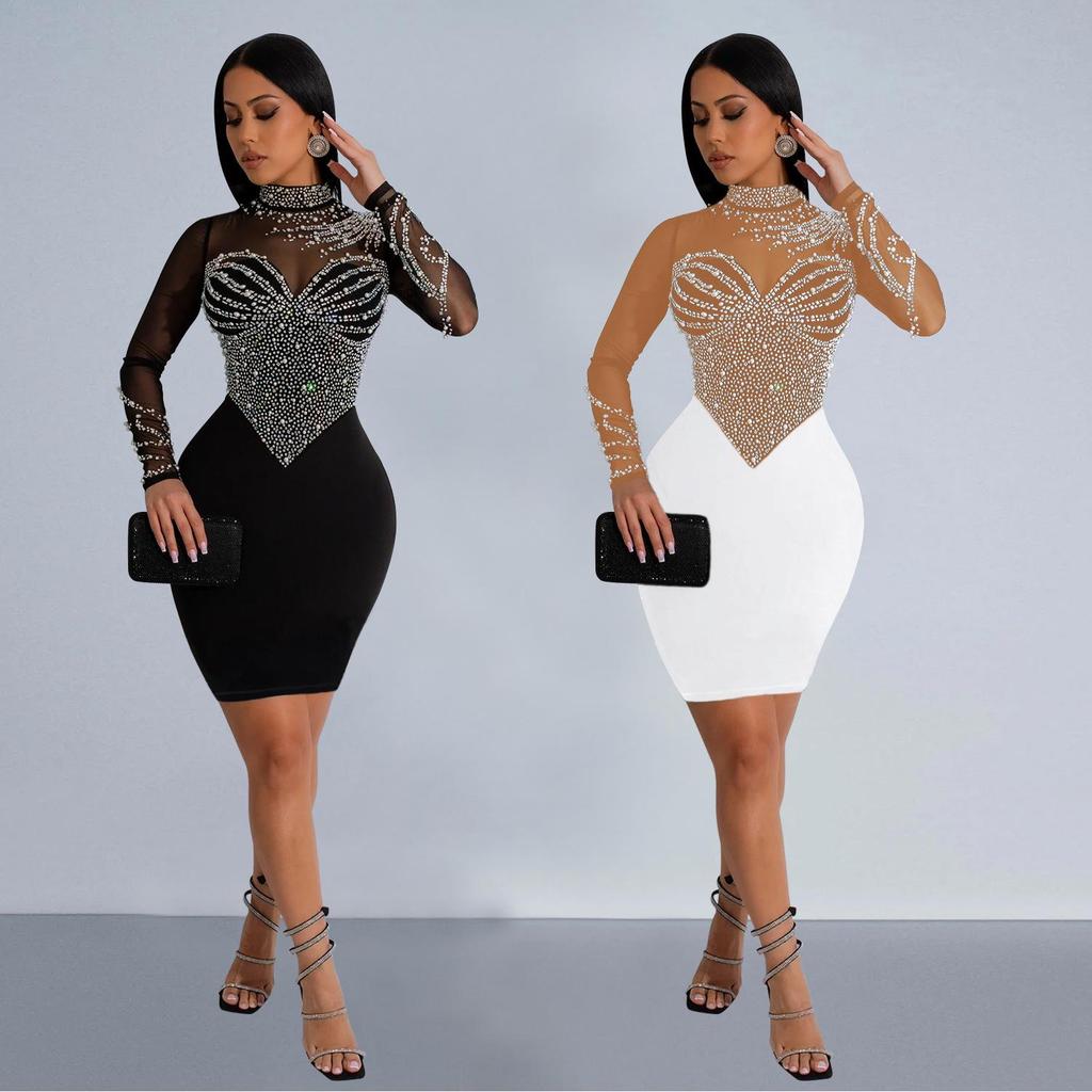 European & American Fashion Women's Solid Color Mesh Long Sleeve Mini Dress with Hot Drilling.