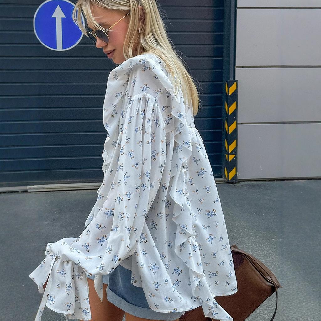 Autumn design sense gentle small floral lotus leaf edge strap chiffon top women's 1116 new French shirt
