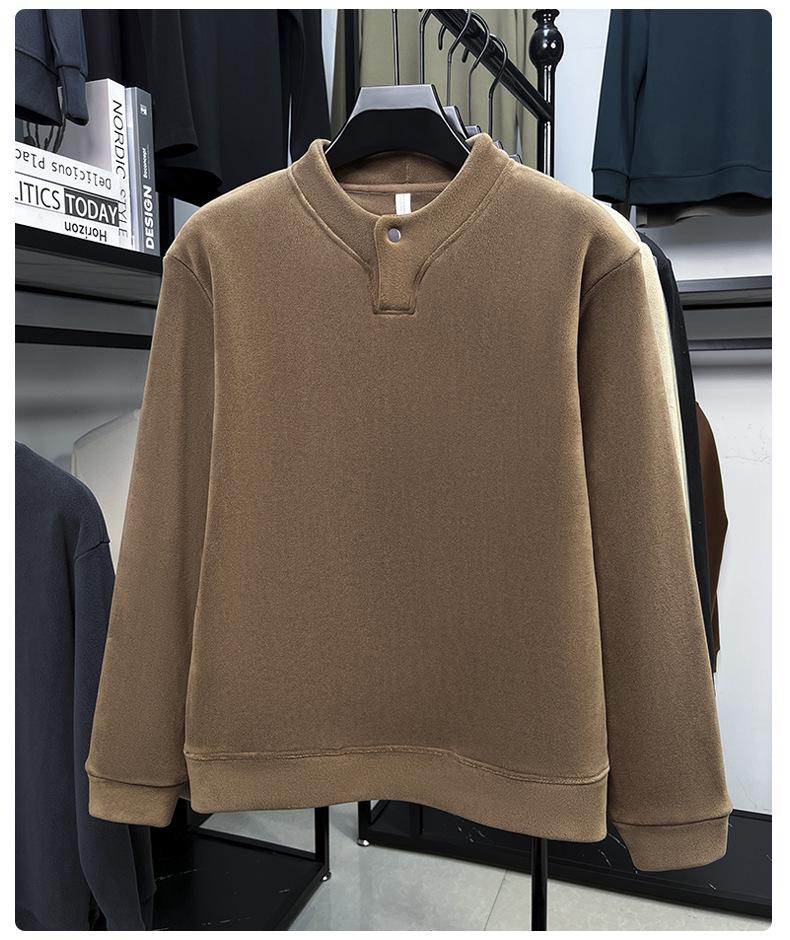 Men's Double-Sided Coral Fleece Hoodie with Henley Collar - Thickened Plus Velvet, Warm Autumn/Winter Casual Base Layer.