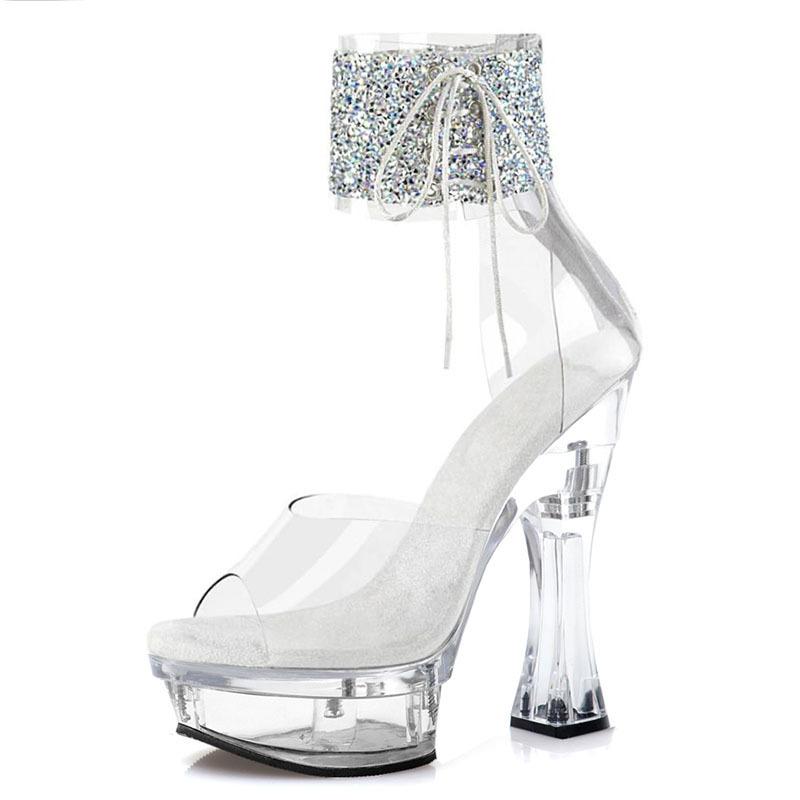 15CM Stiletto Klare Kristall Pole Dance Heels - Sexy Knöchelriemen Plateau Sandalen mit Glitzer, Fetisch Club Tanzschuhe