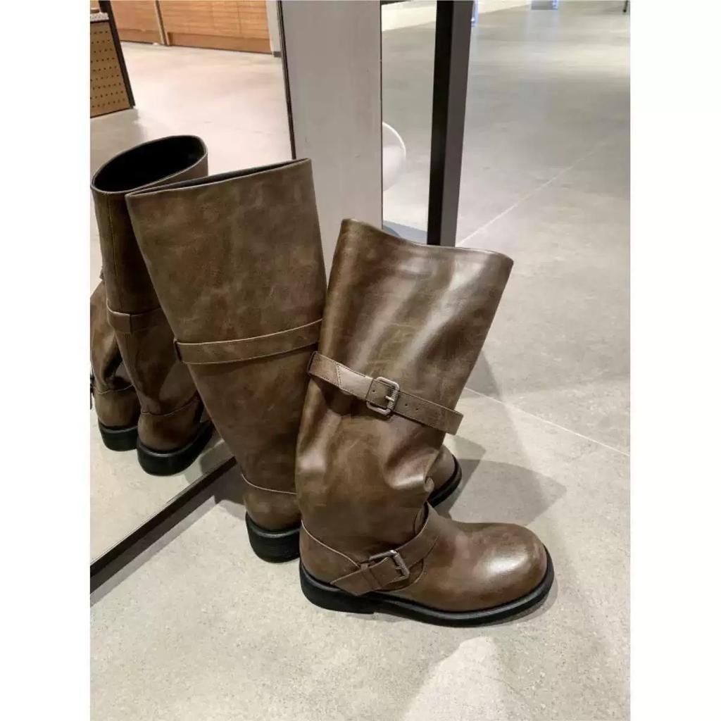 Cowhide Version~ Genuine Leather Boots Thick-soled Round Head Retro Belt Buckle Long Boots Women's Autumn and Winter Medium and High Boots