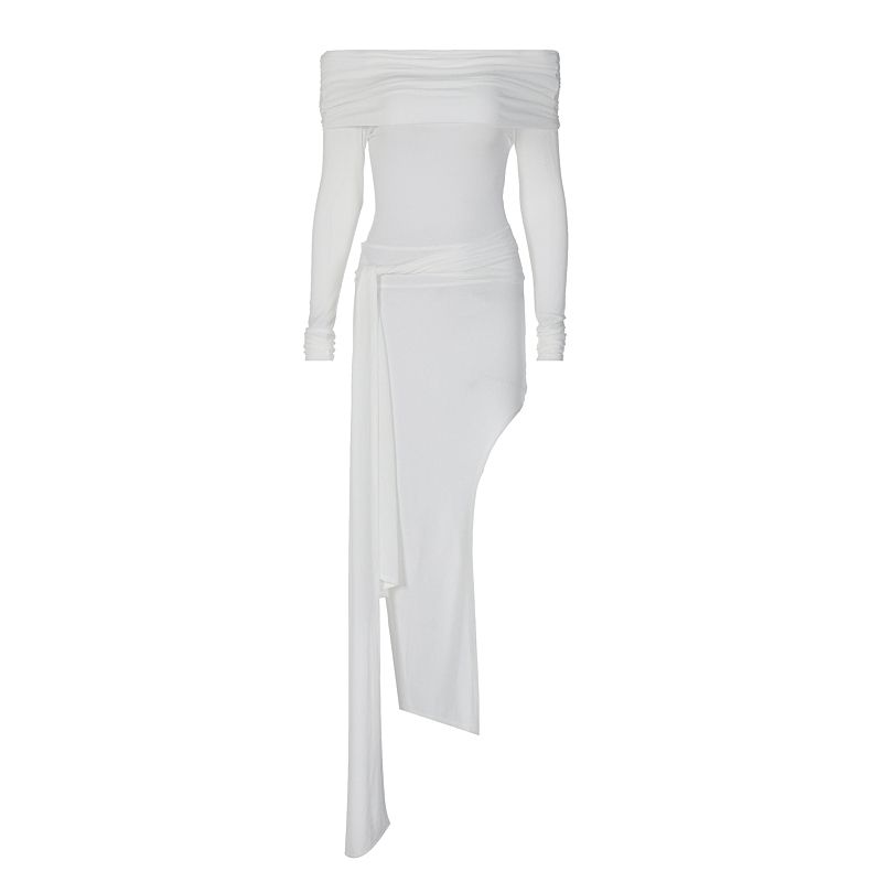 

Sexy See-through High Waist Rope Streamer Long Sleeve Dress White M