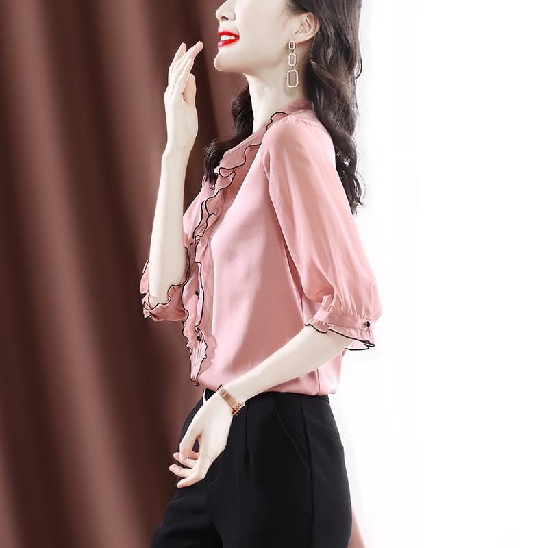 Woman Half Sleeve V Neck Chiffon Blouses Top Urban Office Lady Fashion Pullovers Blouse Women's Vintage Elegant Black Shirt 2022