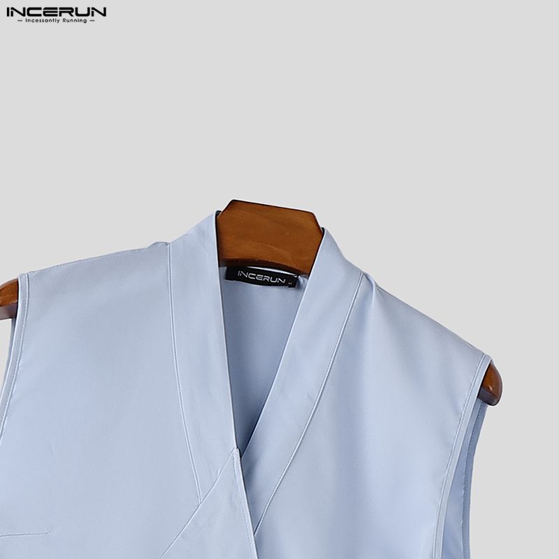INCERUN Mens Vintage Sleeveless Long Vest V Neck Side Lace Up Casual High Split Tunic Top Robe