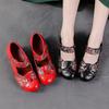 New Spring Low Heel Thick Heel Casual Women's Shoes Ethnic Style Genuine Leather Printed Women's Singles Shoes Comfortable Middle-aged Mother