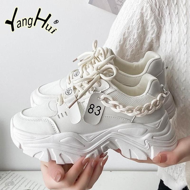 2024 Neue Damen Chunky Sneakers Mode Atmungsaktiv Lässig Bequem Damen Vulkanisierte Schuhe Kettenaccessoires Frühling Herbst