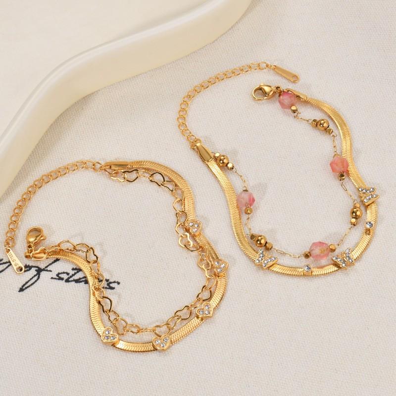 Double Layer Titanium Steel Gold Plated Heart Butterfly CZ Crystal Bracelet Women Fashion Chain Jewelry