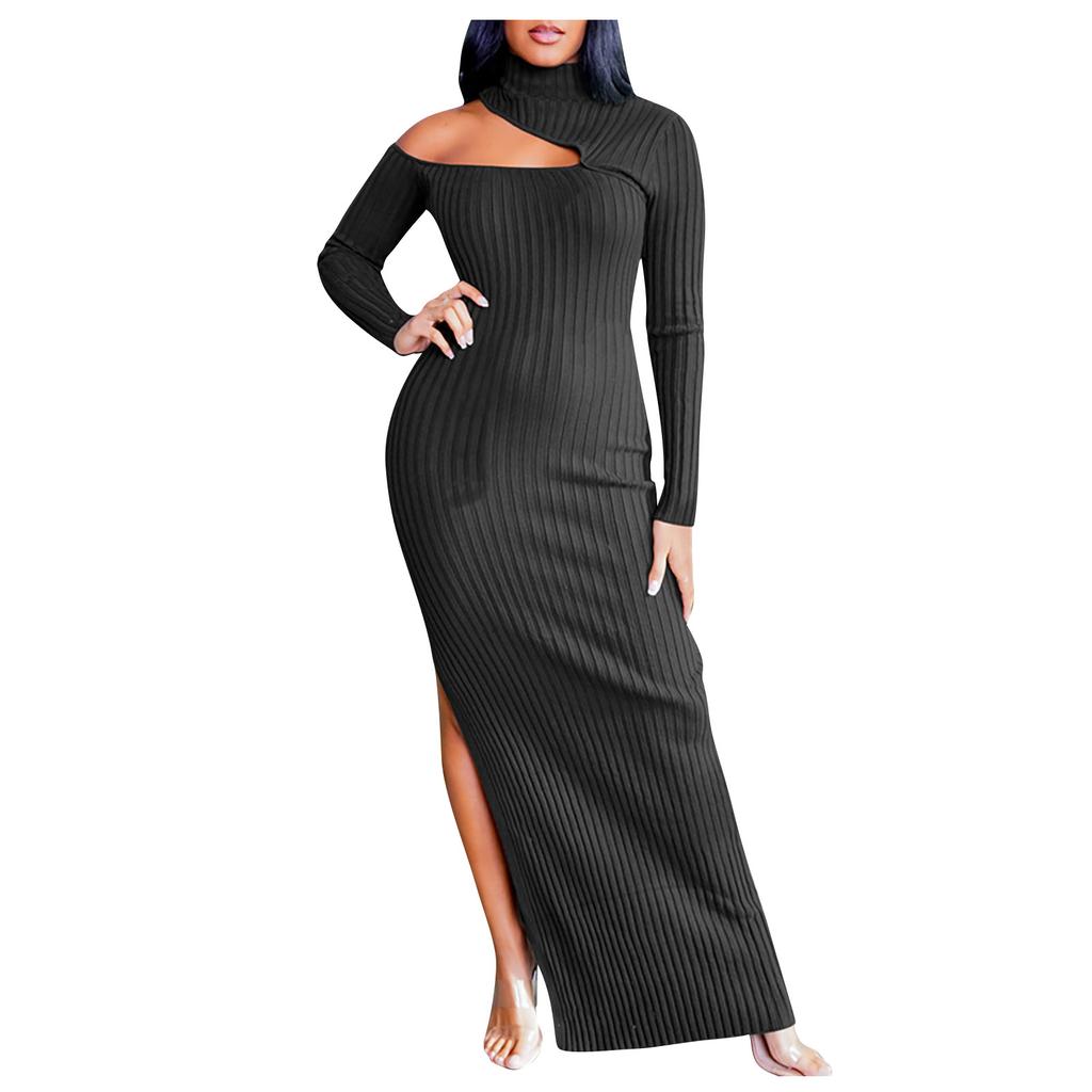 Damen Sexy Farbe Rollkragen Sexy Schlitz Temperament Kleid