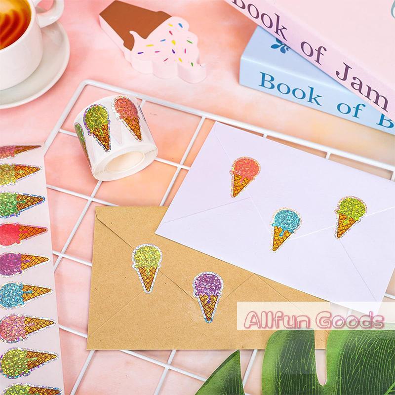 100-500 Pcs Summer Ice Cream Stickers Roll Holographic Ice Cream Cone Stickers Colored Waterproof Self-Adhesive Decals for Gift