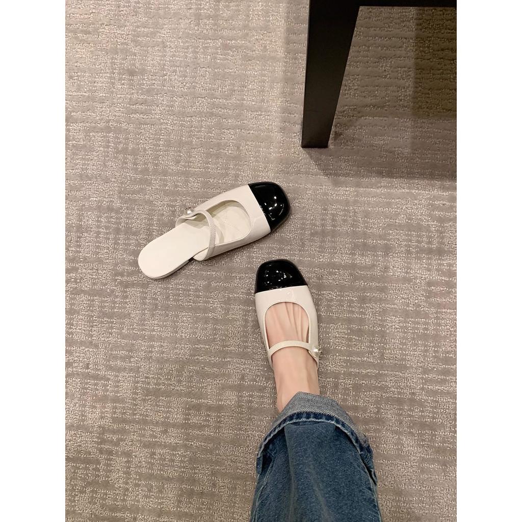 Xiaoxiangfeng Baotou one pedal splicing square round head pearl one character with shallow mouth versatile Mary Jane half drag girl spring and summer