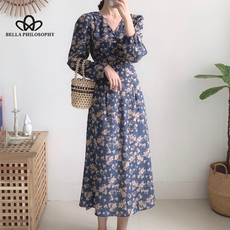 Ženy Podzim Jaro Modré Květinové Dlouhé šaty s výstřihem do V Dlouhé šaty Neformální Elegantní Šaty s potiskem Florla