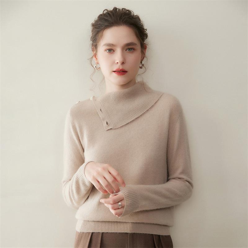 High Collar Buckle Cashmere Women's Loose Slimming Knitted Pullover Sweater
