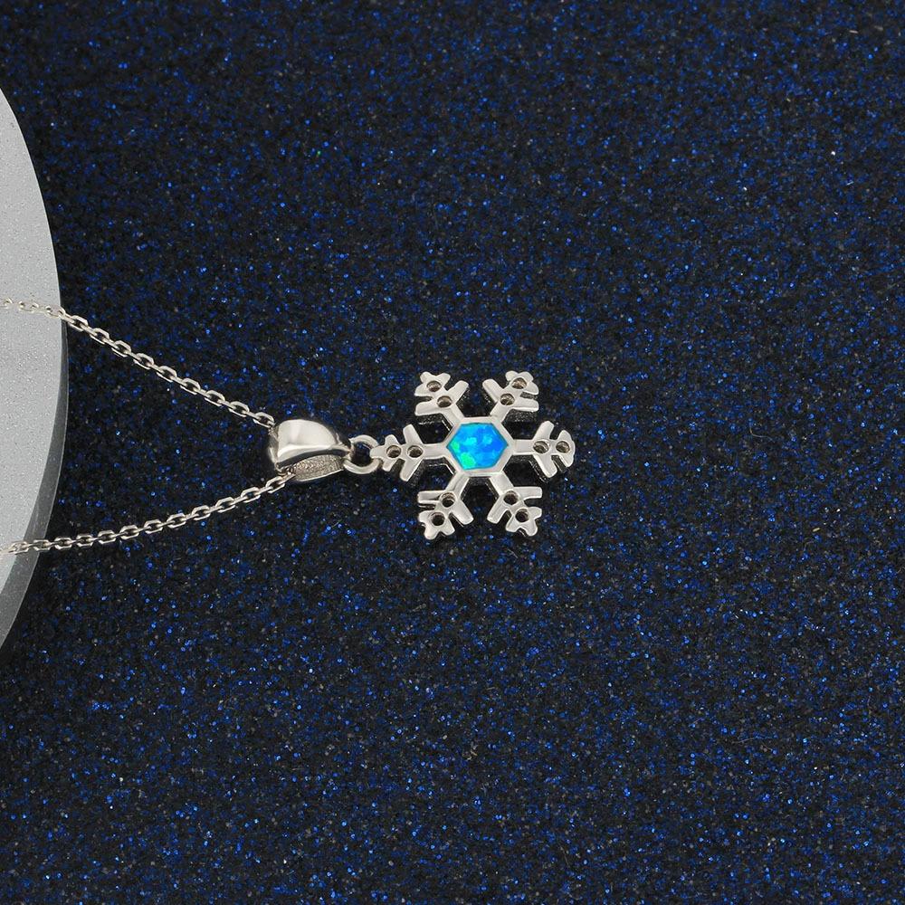 High Quality Genuine 925 Silver Christmas Snowflake Pendant Necklace Blue Opal Sweater Clavicle Chain