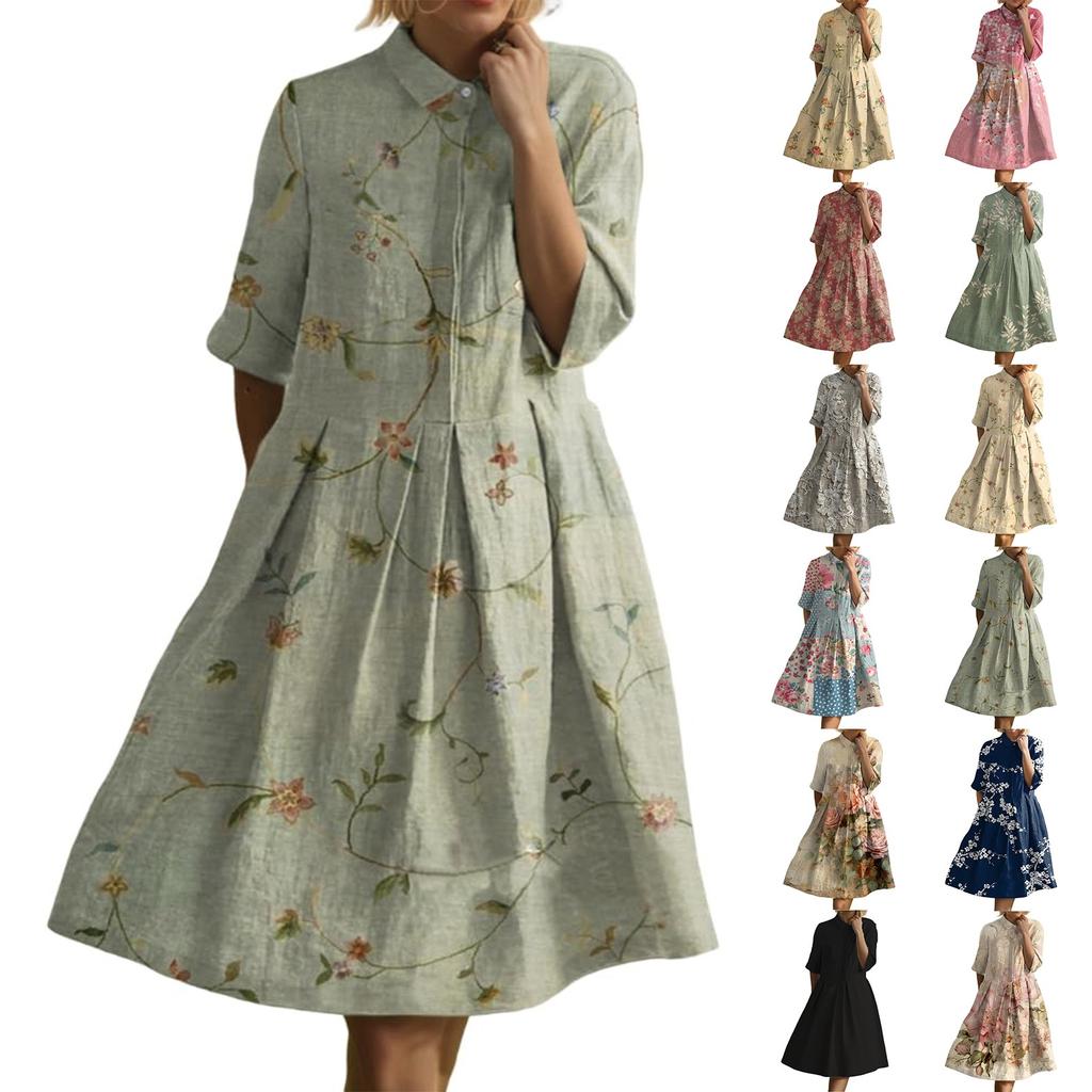Dress For Women Elegant Casual Smocked Button Lapel Short Sleeve Knee Length Dress