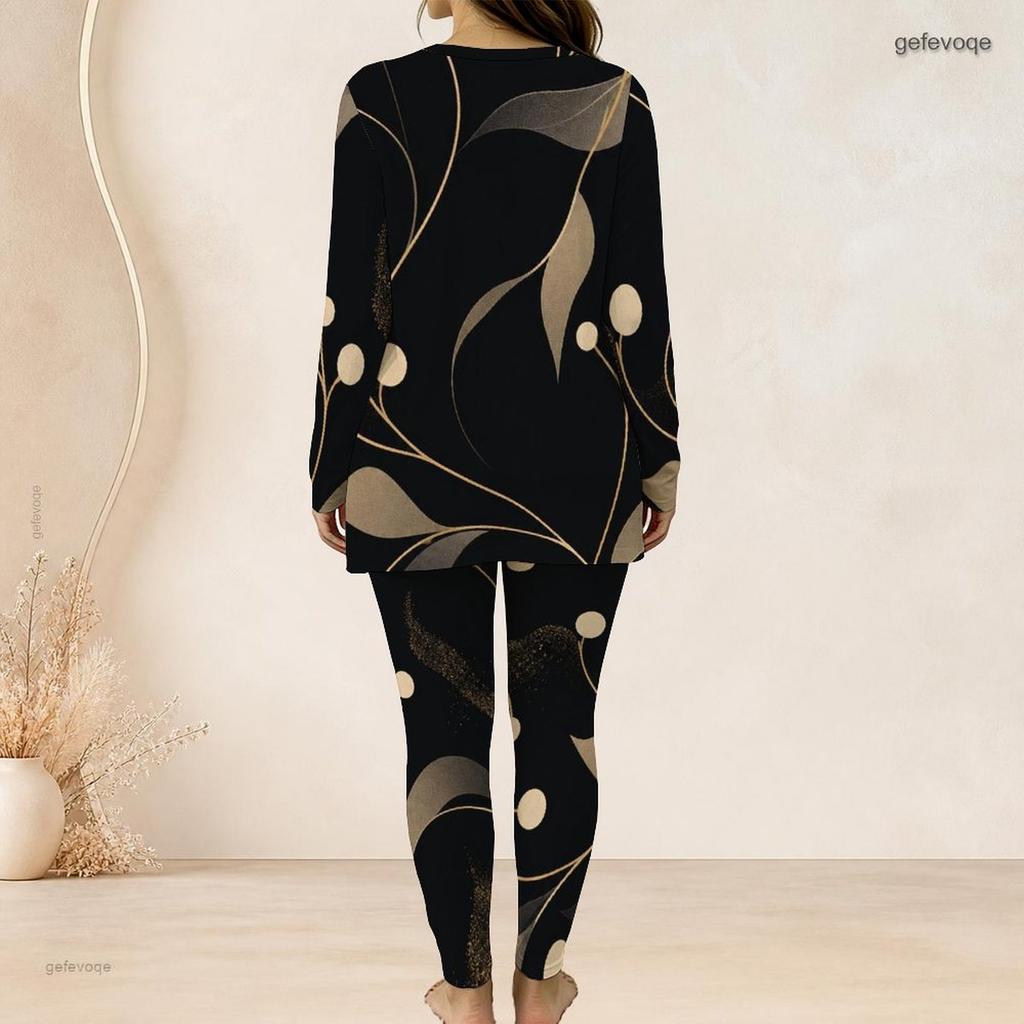 Women Plus Size Round Neck Long Sleeve Printed Longline Top Fitted Pants Two Piece Set Blue White