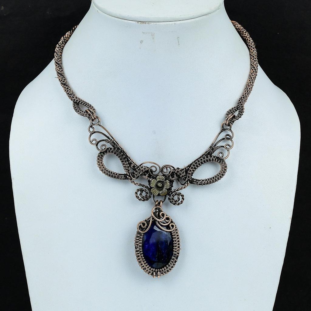 Blue Sapphire Necklace, Handmade Gemstone Necklace, 999 Copper Wire Wrapped Necklace Antique Jewelry, For Engagement Gift