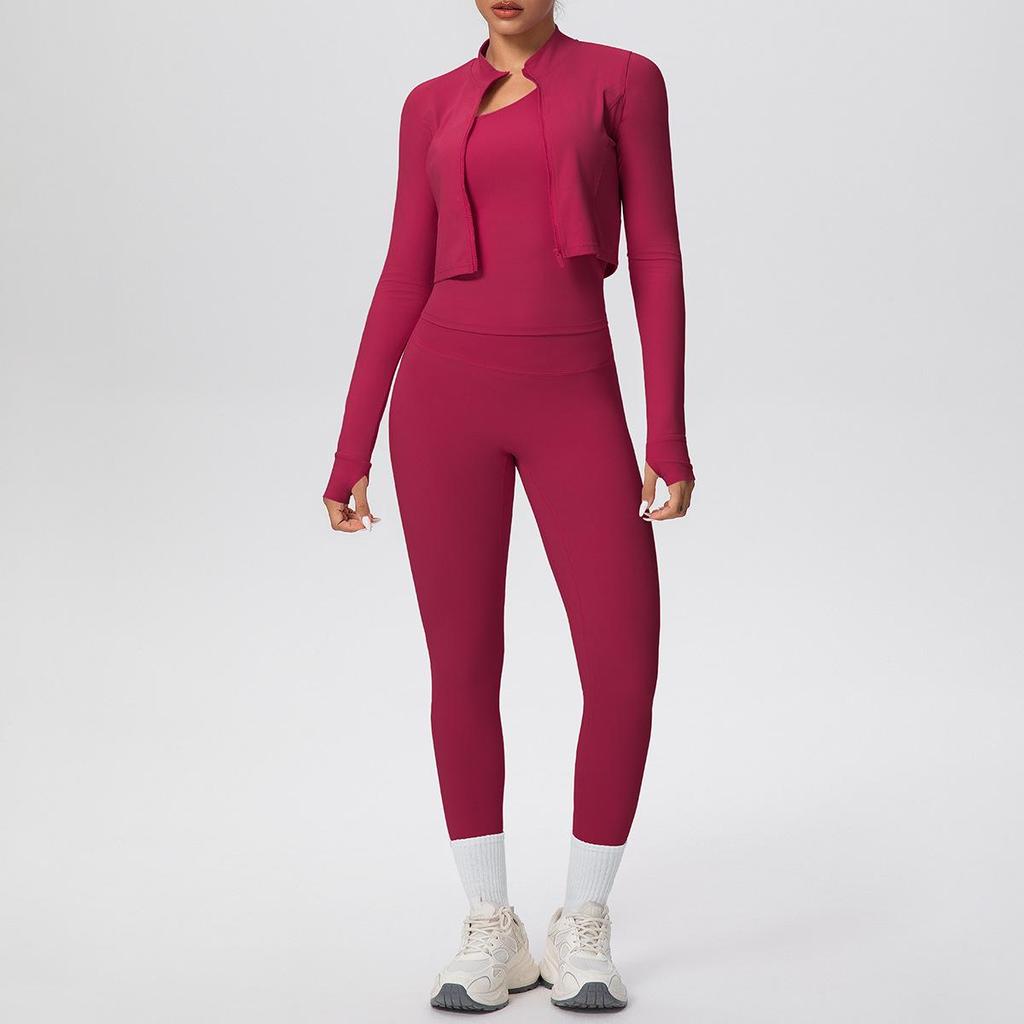 Cloud-like Quick-dry Zipper Jacket & High-waisted Yoga Suit - 3pc Outdoor Running Fitness Set