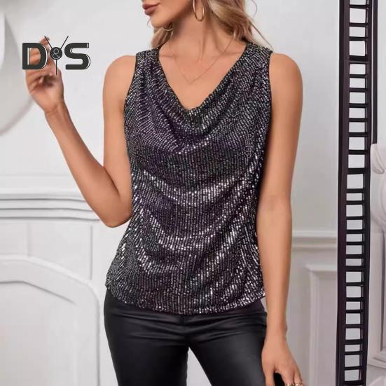 Women Tank Tops Sequin V-Neck Sleeveless T-shirt Shiny Glitter Blouses Sexy Cami Tops for Cocktail Party Clubwear Evening
