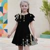 Girls Round Neck Flutter Sleeve Black Gold Geometric Printed A Line Flared Dress