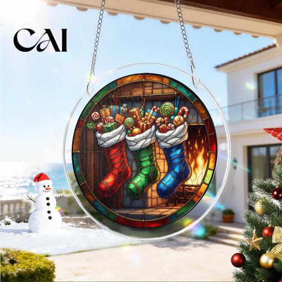 Stained Glass Window Art Christmas Acrylic Puzzle Suncatcher, Holiday Tree Snowman Stockings Red Bird Sun Catcher Suncatcher Kit for Adults,