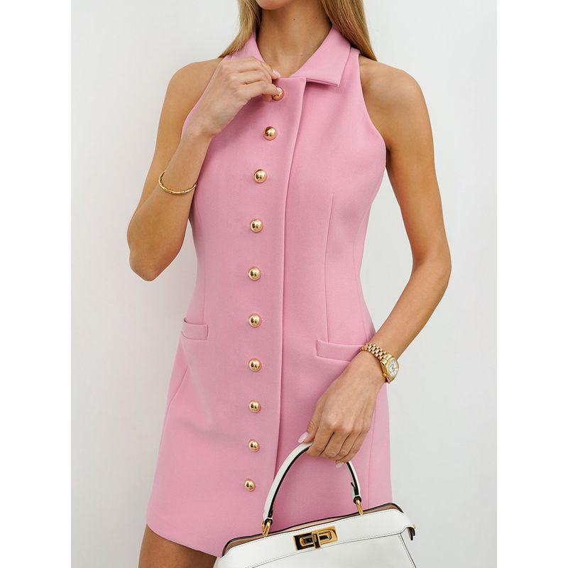 European and American Ladies Dress Lapel Sleeveless Skirt Fashion Button 2025 Summer Casual