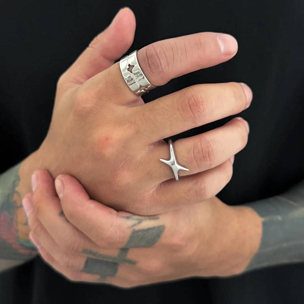 SHIXIN Lot de 2 Anneaux Ouverts Réglables Étoiles Irrégulières Hip Hop pour Hommes Anneau de Phalange Géométrique Creux Punk Bijoux de Rue Cadeaux
