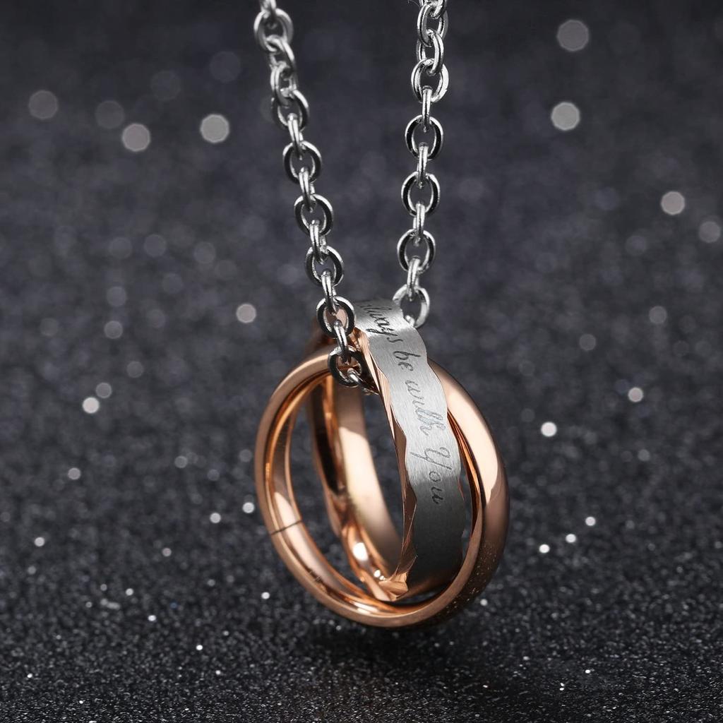 Collier de marque pour couple, cadeau populaire et bon marché, pendentif double anneau en titane, coupe multifacettes, je serai toujours avec toi, bijoux de couple gravés