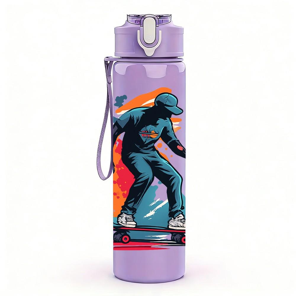 1PC Cool Skateboard Boy 750ml Color Plastic Sports Water Bottle Leakproof Flip Straw Lid Suitable for Sports Office Home Use