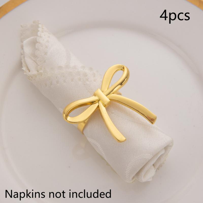 4Pcs Gold Bow Napkin Ring, Reusable Napkin Holder, Suitable For Valentine'S Day, Parties, And Wedding Table Decorations