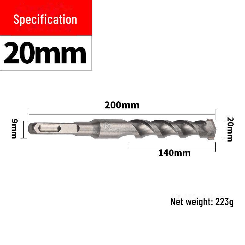 Impact Hammer Drill Bit for Drilling Through Concrete and Cement Walls with Round and Square Handles, Two Pits, and Two Grooves.