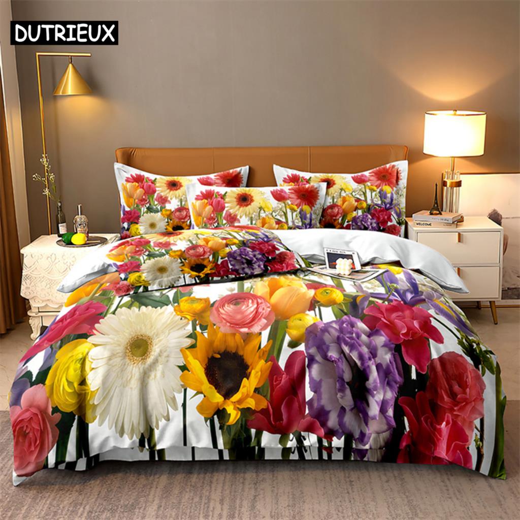 White Daisy Queen Bedding Set Duvet Cover Kids Bedroom Bed Set Comforter Cover Set King Size Duvet Cover Set Bedding Sets