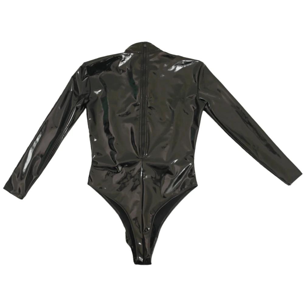 Sexy Men Pu Zipper Open Bust High Cut Bodysuit Tops U Bulge Pouch Sexy Tights Fashion Latex Maid Leotard Stage Dance Wear