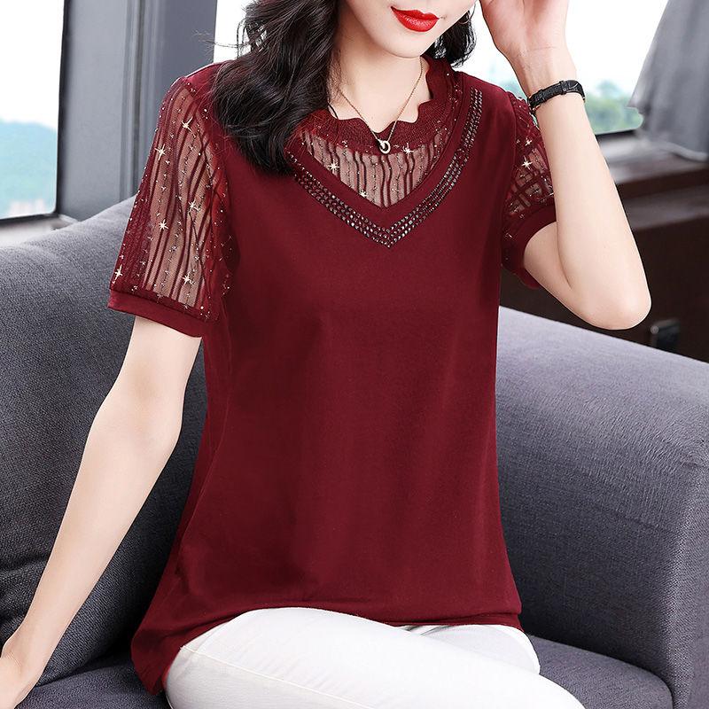 Commute Fashion Gauze Spliced Pullovers Women's Clothing Casual Round Neck Diamonds Summer Short Sleeve Solid Color T-shirt