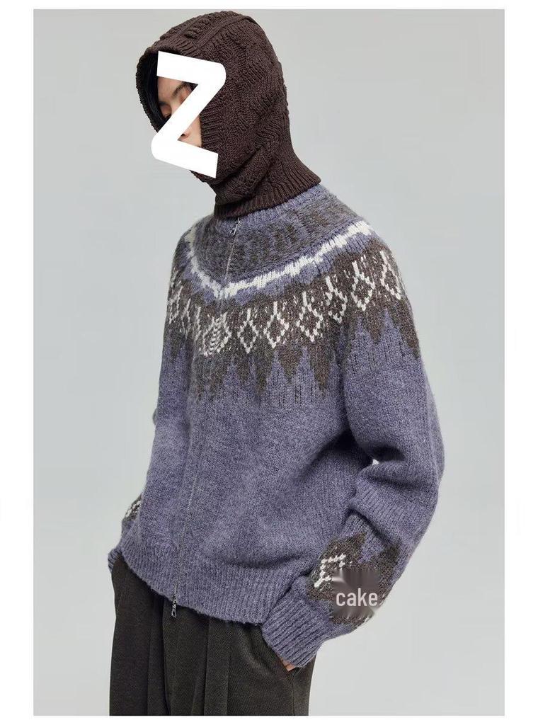 Winter 2025 Fair Isle Jacquard Ethnic-Style Knit Cardigan - Retro Loose Fit for Couples